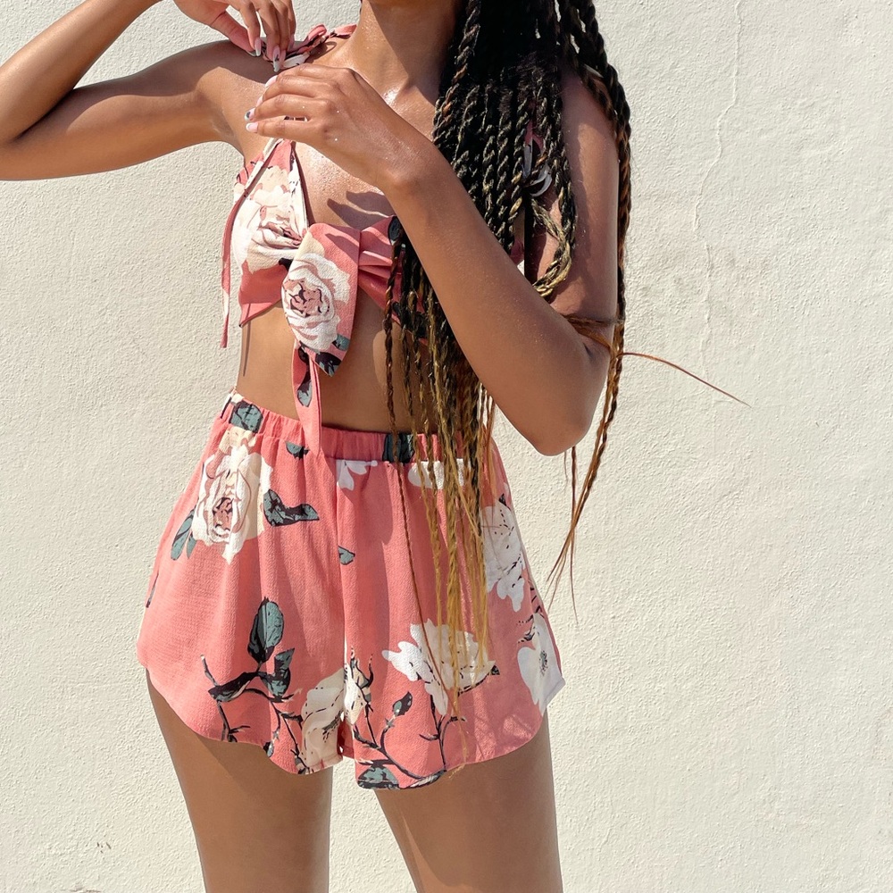 Pink floral two piece matching set with shorts.